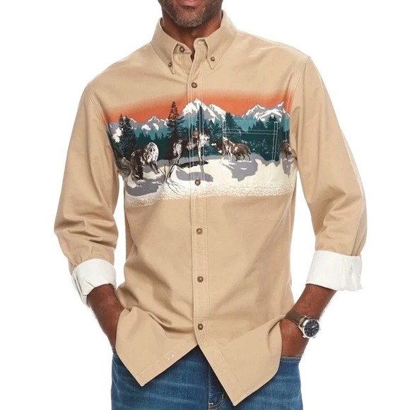 Croft & Barrow Men's Western Wolf Mountains Print Button Down Shirt XL - Picture 1 of 9